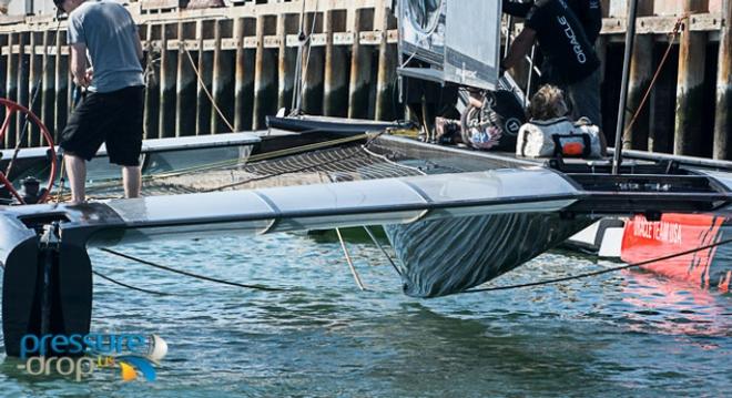 Oracle Team USA AC45Turbo-First look - note recessed rudders and AC72 style pod to clean up air flow around the windsail  © Pressure Drop . US